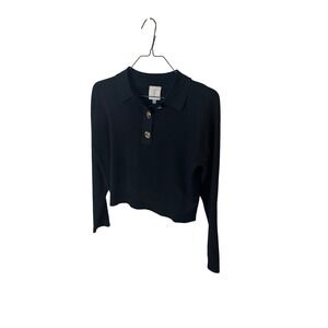 Sloni Womens Black Knit Polo Sweater Gold Crest Button Long Sleeve Medium